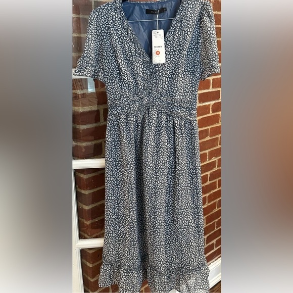 TECREW Womens Summer Boho Floral V Neck Ruffle Short Sleeve Midi Dress F… - Picture 3 of 6